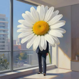 massive daisy flower head, woman in suit, standing next to modern window in luxury apartment, surreal photography, sunlight, impressionist painting, digital painting, artstation, simon stalenhag
