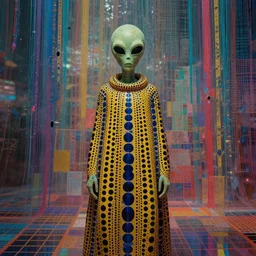 alien god, style of Yayoi Kusama, style of Jim Burns, grid-displace style, eldazi style, patchwork-streak background, dreamlike, dreamlike . Highly detailed, photographic, cinematic, dramatic, sublime, establishing shot.