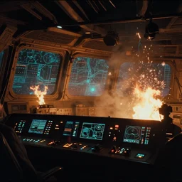 Film still of the bridge of a space ship, large viewscreens, control panels, orange and cyan lighting, burning fire, electric sparks, smoke, Cinestill colour cinematography, anamorphic