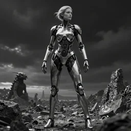 a beautiful female is infected with a biomechanical suit, octane render, hyper realistic, art by hr giger and alvin schwartz, black and white, full body, epic angle