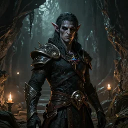 A fantasy comic book style portrait painting of a eerie dark elf in a cavern setting, unreal 5, DAZ, hyperrealistic, octane render, RPG portrait, ambient light, dynamic lighting
