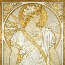 an ornate white and gold acrylic painting of a roman emperor, in the style of alphonse mucha