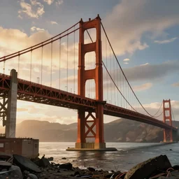 a photorealistic portrait of the golden gate bridge in a post apocalyptic wasteland
