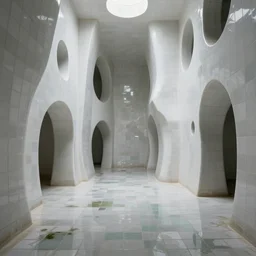 photo of a vast interior space of irregular rooms and corridors, bizarre architecture. ceramic white tiles on all the walls. the floor is flooded with shallow water. eerie, volumetric lighting
