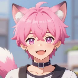 cute anime boy with pink hair and pink wolf ears, happy, fangs, piercings, wearing collar and kigurumi, artstation, deviantart, digital art, highly detailed
