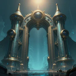 sharp focus, symmetric!! vanishing point, octane render, warm top light ， concept art by raphael lacoste ， artgerm and john berkey, huge ， highly detailed, epic, steampunk gate to another dimension ， night, smooth, artstation, aqua blue, artstation,, illustration, dream, surreal, smooth, digital painting