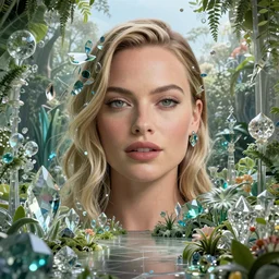 Beautiful full body photograph of Margot Robbie in an ornate garden of 3D glass and crystal statues, extreme detail, CG society, 3D sculpture, Zbrush, fractals, volumetric lighting, cinematic, perfect face, perfect eyes, photorealistic, photograph