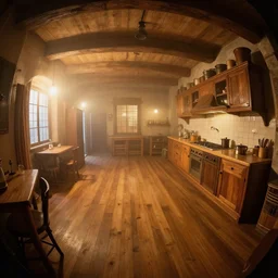 fog, volumetric lighting, black goya painting, fisheye, curved perspective, naive, extra narrow, wooden kitchen, large floor, tavern by rhads and gaudi, warm tones