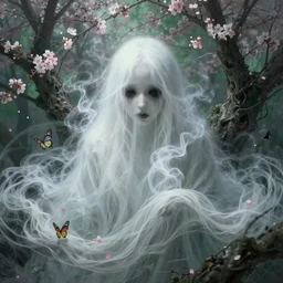 a beautiful terrifying ghost portrait black eyes smoke death twisted trees cherry blossom, floating cloth whirlpool, butterfly hard lighting ethereal horror fantasy artwhite, green, pink hues by karol bak raymond swanland, gaston bussiere craig mullins alphonse mucha basil gogos, monet, ruan jia, by wlop, moebius syd mead roger dean yoshitaka amano