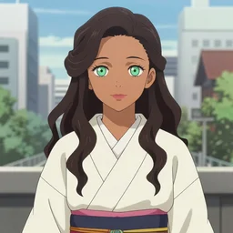 a beautiful woman with long dark brown hair and tan skin, green eyes wearing a kimono, city landscape, 4k, anime key visual, lois van baarle, ilya kuvshinov, rossdraws, artstation