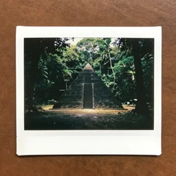 old polaroid photo of black pyramid in a jungle