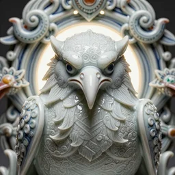 Norse pagan raven, A Close up photo-real delicate ceramic porcelain sculpture of a symmetrical ornate detailed in front of an intricate background by Victo Ngai and takato yamamoto, micro detail, backlit lighting, face in focus, subsurface scattering, translucent, thin porcelain, octane renderer, colorful, physically based rendering, japanese pottery, trending on cgsociety