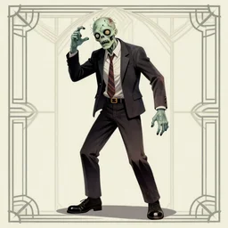 ( ( dither ) ), editorial illustration full body portrait of zombie - chang posing, dynamic pose, modern art deco, colorful, ( ( mads berg ) ), christopher balaskas, victo ngai, rich grainy texture, detailed, dynamic composition, wide angle, matte print