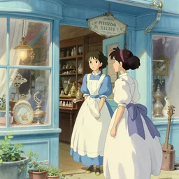 two girls in victorian dress looking around a cute antique shop, light blue color scheme, natural lighting, intricate details, cozy atmosphere, matte painting, illustration, by hayao miyazaki