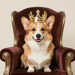 4 k, high quality photograph of a corgi wearing a crown and sitting on a throne.