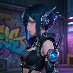cyberpunk anime girl mech, cyberpunk accessory, side view, 3 / 4 shot, street night, beautiful face, grafity, arcane, detail, good face, pose model, concept art, in style of yoji shinkawa, pan ren wei, col price, atey ghailan, by greg rutkowski, aesthetic, digital painting, 3 d, non crop