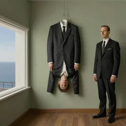 hanging dead man in suit, by rene magritte and edward hopper