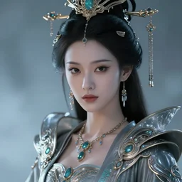 Closeup portrait of a futuristic Chinese female emperor, sleek robes, jewellery, ornate, sci-fi concept art, artstation, matte painting