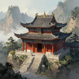 A digital painting of a chinese temple in the mountains, by Greg Rutkowski, trending on Artstation