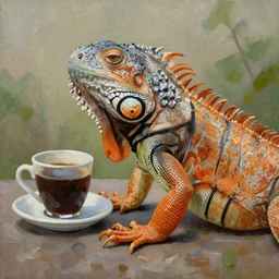 iguana drinks coffee, oil on canvas, highres