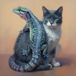 painting of hybrid gecko and cat fused species, intercrossed animal, by zdzislaw beksinski, by lewis jones, by mattias adolfsson, cold hue's, warm tone gradient background, concept art, digital painting