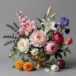 still life of flowers, dutch painting, old masters, in the style of rachel ruysch, complex 3 d render, ultra detailed, 8 5 mm lens, refined, high definition, pink blossoms, white blossoms, red berries, fruit, lavender, st joseph lily, peonies, roses, foliage, marigold, tulips, iris,