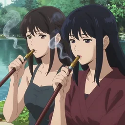 two beautiful lesbian girls in love, smoking from a weed bong, sitting in front of a lake, in the style of anime, close - up, highly detailed face, 4 k, artstation, intricate, elegant, highly detailed, lush, stylized, japanese, smooth