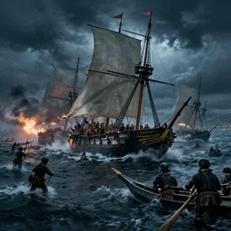an epic naval battle in the 1700s in a storm at night, high definition, high detail, photorealistic, 8k