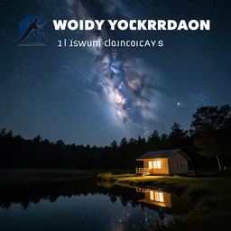 A photo of a cabin next to a pond at nighttime, the Milky Way and stars are above, the stars are reflected in pond , 4K high quality, high definition, award winning photo.