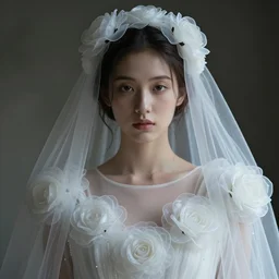 hight focus f - 2 2, 8 5 mm, iso 1 0 0 : a wonderful realistic focused portrait of a lonely woman with a detailed wonderful symmetrical face who is dressed with a wonderful, majestic, large semi transparent white cotton dress ornate with semi transparent cotton roses and semi transparent white veils, no hands, dramatic light, octane render, by roberto ferri style - 8 k