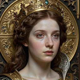 detailed realistic beautiful young medieval queen face portrait by jean delville, chiara bautista, and marco mazzoni, art nouveau, symbolist, visionary, gothic, preraphaelite, realistic smooth polished porcelain, ultrasharp hyperdetailed photorealistic octane render, ornate gothic icon with heavy patina