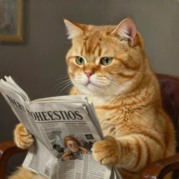 portrait of fat butterscotch cat reading the newspaper, painting by Norman Rockwell