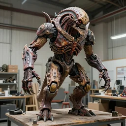 wide angle photo taken of an epic intricate, ultra detailed, super realistic gritty, hero prop, exquisitely painted animatronic movie prop of a lifelike sculpture of a nightmarish creature displayed in the workshop, created by weta workshop, full body shot, photorealistic, sharp focus