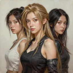 photorealistic painting of Aerith Gainsborough captures every detail of the artist’s female subjects, such as their soft skin, flowing hair, and textured clothing. Yasumoto Oka