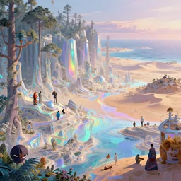 highly detailed holographic iridescent glowing erhereal sci fi world with forests, deserts, oceans, at dusk, by gilbert williams, by simon stalenhag, by beeple, by bruce pennington, by moebius, juxtapoz, dynamic composition, octane render, with many different pastel shades of blue pink orange yellow green, beautiful lighting, prismatic