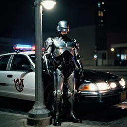 peter weller in robocop costume, standing under a street lamp at night in downtown future detroit. leaning against a futuristic police car. criterion collection, movie still. 7 0 mm. imax. film.