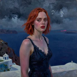 Elle Fanning in Santorini in the world of Adam Wyeth, stormy weather, extremely detailed masterpiece, oil on canvas, low-key neon lighting, artstation, Blade Runner 2049, Roger Deakin’s cinematography, by J. C. Leyendecker and Peter Paul Rubens and Edward Hopper and Michael Sowa,