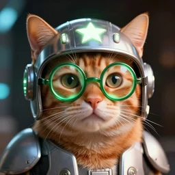 ginger cat with green round glasses and star wars helmet, star wars, beautiful glowing lights, sci - fi, stunning, intricate, elegant. highly detailed, digital painting. artstation. smooth. sharp focus. illustration. art by artgerm and greg rutkowski and alphonse mucha