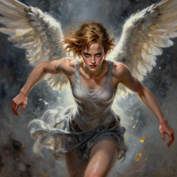 angel, perfectly-centered-painting of young Emma Watson in ghost in the shell, sweaty, dynamic action pose, insane, intricate, highly detailed, digital painting, artstation, concept art, smooth, sharp focus, illustration, Unreal Engine 5, 8K, art by artgerm and greg rutkowski and alphonse mucha