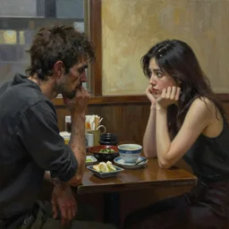 dark oil realistic painting a gaunt man looking at a beautiful brunette woman in a japanese cafeteria