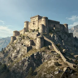 a wartime fortress on the side of a mountain, blue sky, sunny, detailed, volumetric, cinematic lighting, realistic, digital art by greg rukowski
