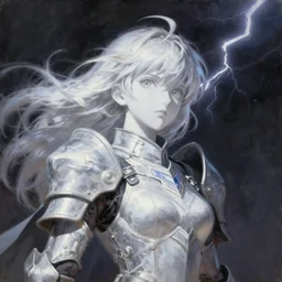 oil painting, sakimi chan, white skin, fantasy armor, detailed face, dramatic lighting, tony sart, wind, lightning