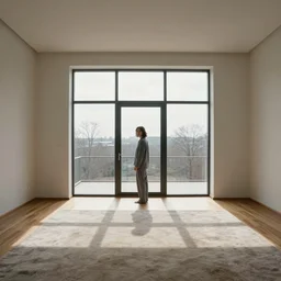 person in pyjamas standing near window, turned back to camera, cinematography, sun rays, daylight, big french door window, big spatious room, carpet at the floor, wide shot 2 4 mm, lighting style by rembrandt, anamorphic shot lens, walls at left and right sides, window at the center, wooden floor, modern, winter sun, photorealistic, high ceiling
