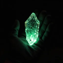 a glowing shard of kryptonite held in an open black - gloved hand, pitch black background, glove dimly lit only by the green glow of the kryptonite