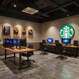 A gaming room designed by Starbucks, shows in detail gaming peripherals, Gaming PC, gaming table, speakers, gaming monitors. wide angle, dramatic lighting, Octane Render, Realistic