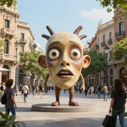 photorealistic weird sculpture in the middle of plaza catalunya surrounded by people, barcelona, octane render, by origiful, 4 k
