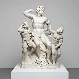 sculpture of laocoon and his sons, made from crochet on a pedestal, white cube photography