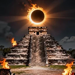Aztec pyramid, during an eclipse, with fires raging around