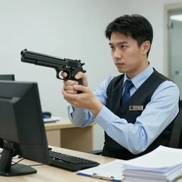 a bank worker holding a gun