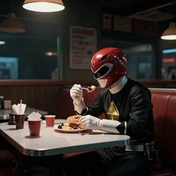 Power Rangers film, a scene where the Power Ranger is eating alone in a dark diner, he is facing the table, Dark cinematic color tones.
